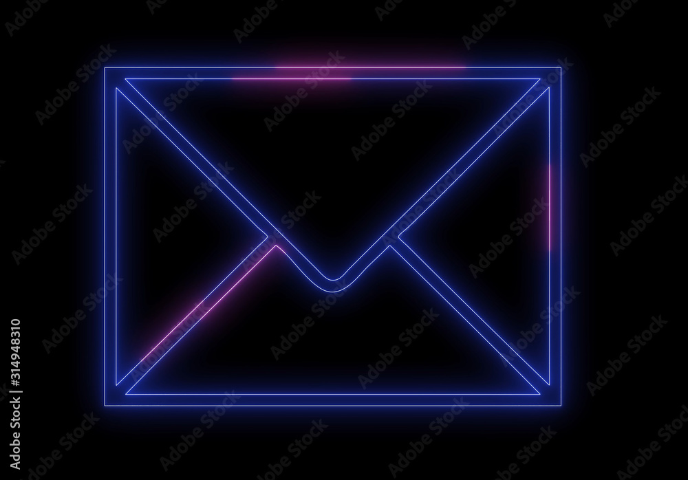 Neon message, envelope shapes. Email, contact and communication concept with shape of envelope with glowing light. 