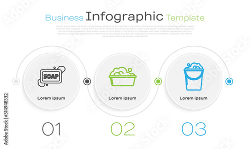 Set line Bar of soap with foam , Plastic basin with soap suds  and Bucket with foam and bubbles . Business infographic template. Vector