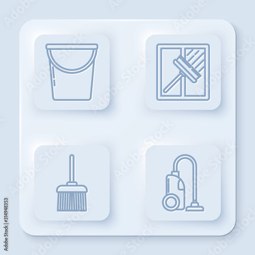 Set line Bucket , Squeegee, scraper, wiper, Handle broom  and Vacuum cleaner . White square button. Vector