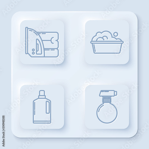 Set line Electric iron and towel , Plastic basin with soap suds , Plastic bottles for liquid dishwashing liquid and Cleaning spray bottle with detergent liquid . White square button. Vector
