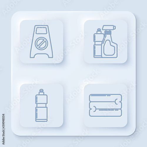 Set line Wet floor and cleaning in progress , Plastic bottles for liquid dishwashing liquid, Plastic bottles for liquid dishwashing liquid and Towel stack . White square button. Vector