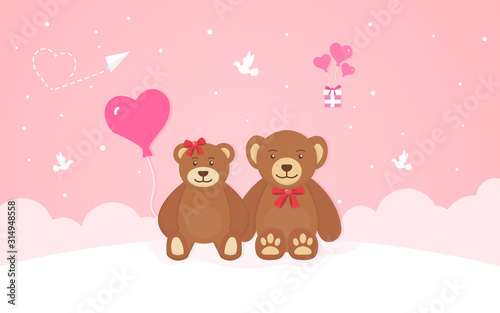 Two cute teddy bears, romantic composition in paper style, vector illustration on a pink background