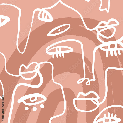 Hand Drawn Women Faces Line Drawing Modern Abstract Linear Ink Brush Art Contemporary Continuous Cubism Painting Fashion Vector Illustration