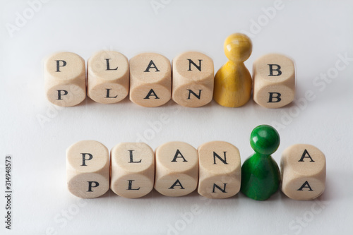 Wallpaper Mural The words Plan A and Plan B are made with wooden letters, each with a wooden figure in yellow and green Torontodigital.ca