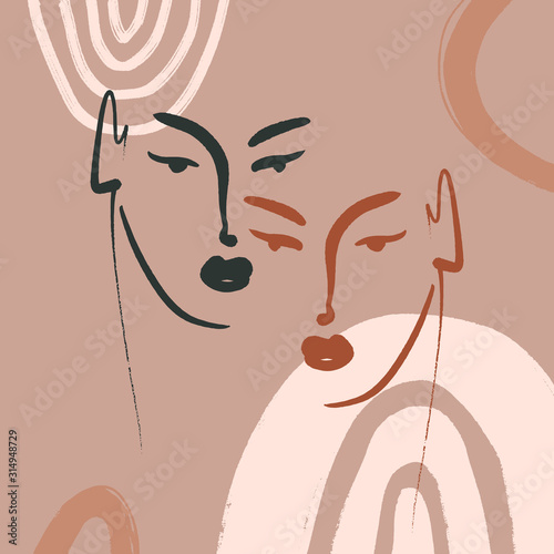 Modern Boho Pastel Terracotta Collage Line Drawing African Black Women Couple Twin Faces Hairstyle Fashion Beauty Minimalist Vector Illustration Modern Abstract Graphics Print