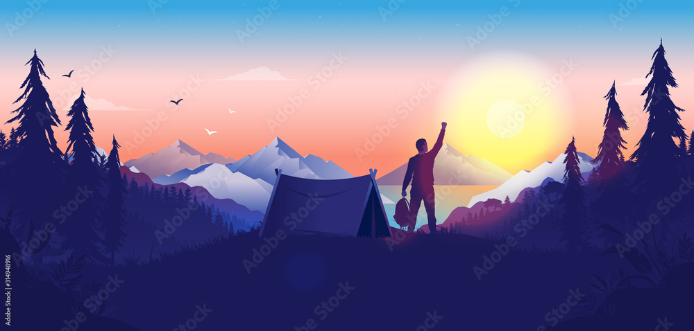 Fototapeta premium Hiking morning freedom. Camper with tent in sunrise with raised hand. Forest and mountain landscape in background. New morning, new beginning, Camping concept. Vector illustration.