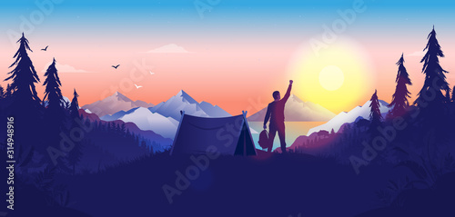 Hiking morning freedom. Camper with tent in sunrise with raised hand. Forest and mountain landscape in background. New morning, new beginning, Camping concept. Vector illustration.