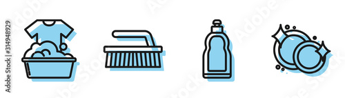 Set line Plastic bottles for liquid dishwashing liquid, Plastic basin with soap suds , Brush for cleaning and Washing dishes icon. Vector