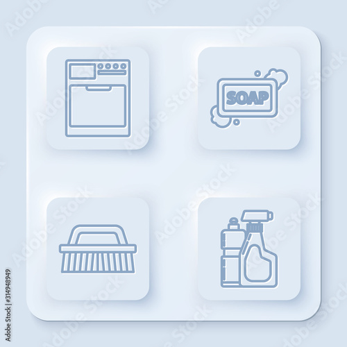 Set line Washer , Bar of soap with foam , Brush for cleaning and Plastic bottles for liquid dishwashing liquid. White square button. Vector