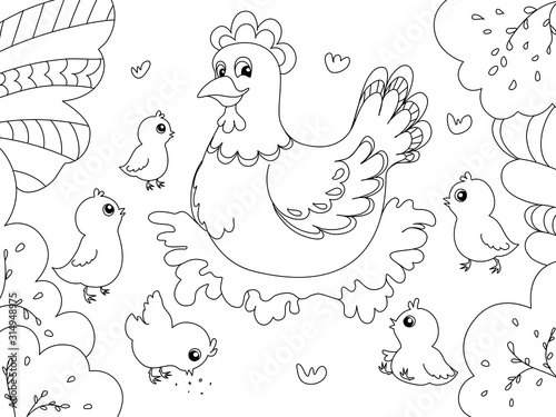 Children coloring. Hen mom with chickens. Black lines, white background. Vector