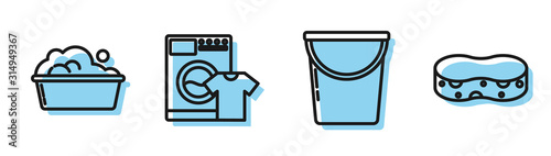 Set line Bucket , Plastic basin with soap suds , Washer and t-shirt and Sponge icon. Vector