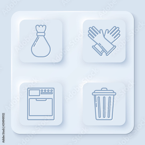 Set line Garbage bag , Rubber gloves , Washer and Trash can . White square button. Vector