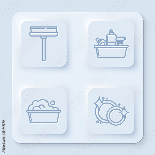 Set line Squeegee, scraper, wiper, Plastic bottles for liquid dishwashing liquid, Plastic basin with soap suds and Washing dishes . White square button. Vector