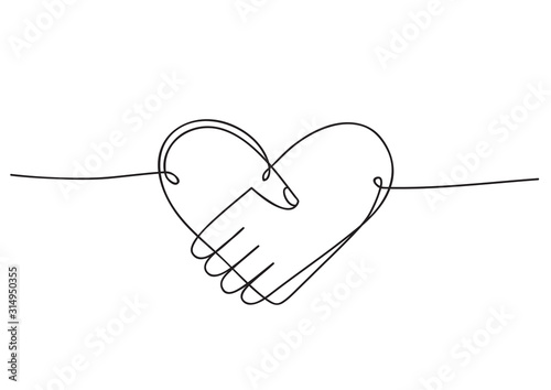 Heart of handshake as friendship and love icon. Continuous line art drawing.