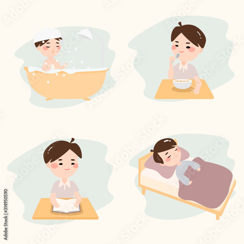 kid daily routine, boy characters.
