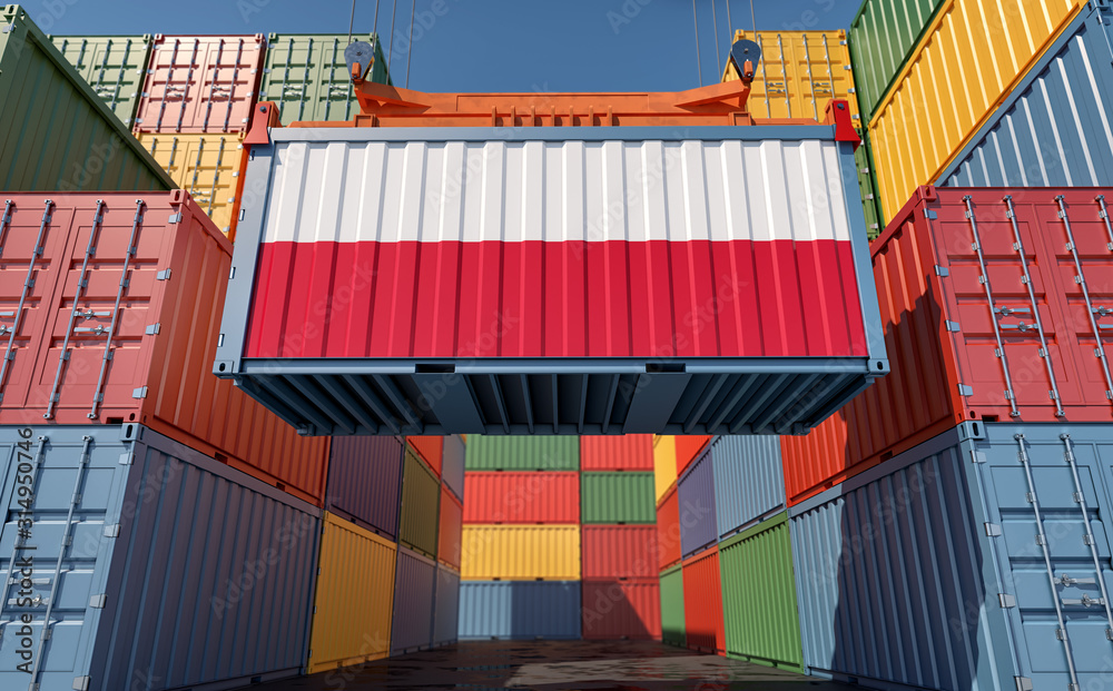 Fototapeta premium Container Terminal - Freight container with Poland flag. 3D Rendering