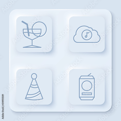 Set line Martini glass , Music streaming service , Party hat and Beer can . White square button. Vector