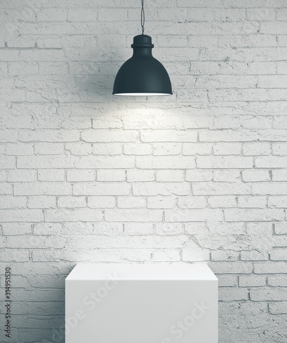Blank brick wall, podium and lamp