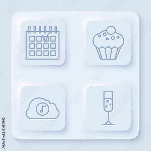 Set line Detailed calendar , Muffin , Music streaming service and Glass of champagne . White square button. Vector