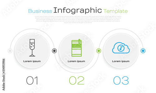 Set line Glass of champagne , Open cigarettes pack box and Music streaming service . Business infographic template. Vector