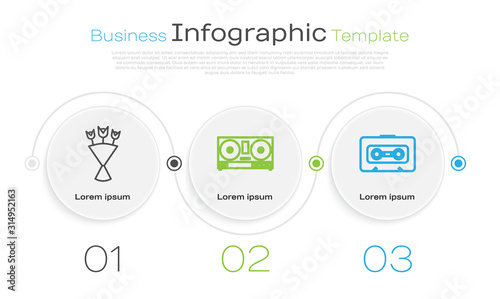 Set line Bouquet of flowers , DJ remote for playing and mixing music and Retro audio cassette tape . Business infographic template. Vector