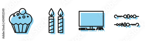 Set line Video game console , Muffin , Birthday cake candles and Grilled shish kebab icon. Vector