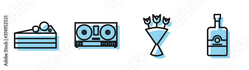 Set line Bouquet of flowers , Cake , DJ remote for playing and mixing music and Whiskey bottle icon. Vector
