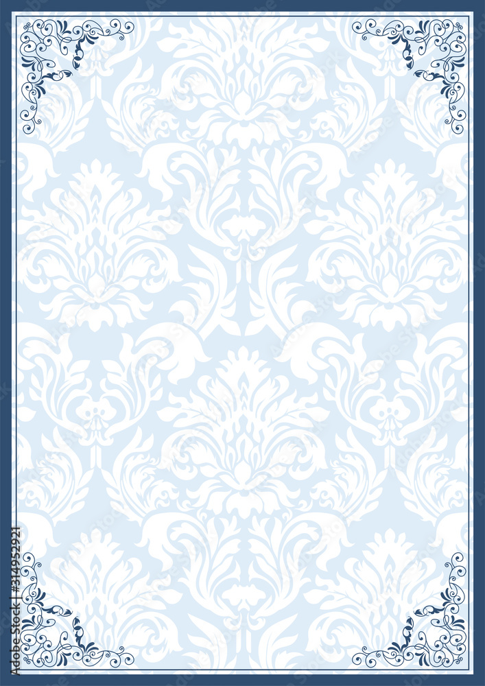 ダマスク柄背景とアンティークのフレームのテンプレート フォーマット サイズ ブルー系 Frame And Damask Pattern Background Template Stock ベクター Adobe Stock