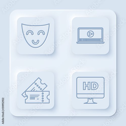 Set line Comedy theatrical mask , Online play video , Cinema ticket and Computer PC monitor with HD video technology . White square button. Vector
