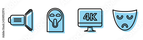 Set line Computer PC monitor with 4k video technology , Movie spotlight , Funny and scary ghost mask and Drama theatrical mask icon. Vector