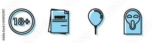 Set line Balloon with ribbon , Under 18 years, Scenario and Funny and scary ghost mask icon. Vector