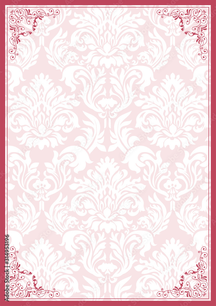ダマスク柄背景とアンティークのフレームのテンプレート フォーマット サイズ ピンク系 Frame And Damask Pattern Background Template Stock ベクター Adobe Stock