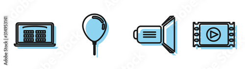 Set line Movie spotlight , Buy cinema ticket online , Balloon with ribbon and Play Video icon. Vector