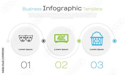 Set line Comedy and tragedy theatrical masks , Screen tv with 4k Ultra HD video technology and Popcorn in cardboard box . Business infographic template. Vector