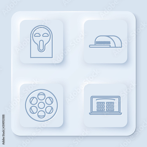Set line Funny and scary ghost mask, Cap with inscription director , Film reel and Buy cinema ticket online . White square button. Vector