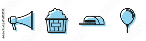 Set line Cap with inscription director , Megaphone , Popcorn in cardboard box and Balloon with ribbon icon. Vector