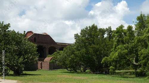 Steady shot, Ruins of an old old fort framed by trees