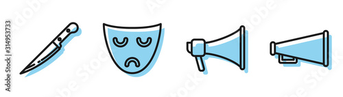 Set line Megaphone , Knife , Drama theatrical mask and Megaphone icon. Vector