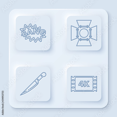 Set line Bang boom text speech bubble balloon , Movie spotlight , Knife and 4k movie, tape, frame . White square button. Vector