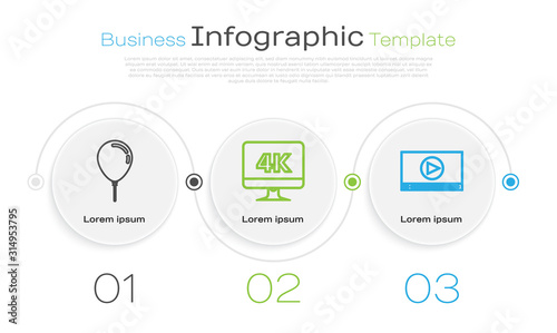 Set line Balloon with ribbon , Computer PC monitor with 4k video technology and Online play video . Business infographic template. Vector