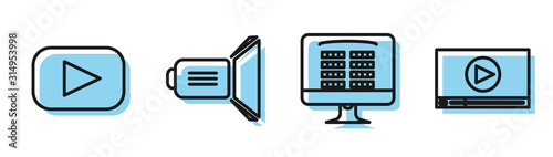 Set line Buy cinema ticket online , Play , Movie spotlight and Online play video icon. Vector