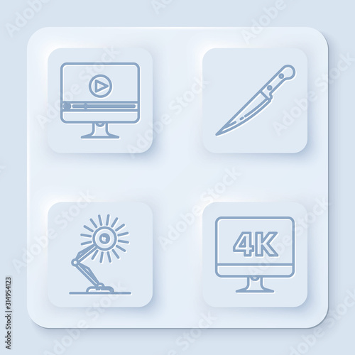 Set line Online play video , Knife , Table lamp and Computer PC monitor with 4k video technology . White square button. Vector