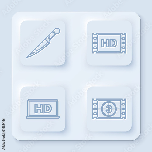 Set line Knife , 4k movie, tape, frame , Laptop screen with HD video technology and Play Video . White square button. Vector