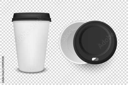 Vector 3d Realistic Disposable Opened and Closed Paper, Plastic Coffee, Tea Cup for Drinks with Black Plastic Lid Icon Set Closeup Isolated on Transparent Background. Design Template, Mockup. Top View