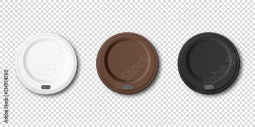 Vector 3d Realistic Disposable White, Brown, Black Plastic Coffee, Tea Cup Lid for Drinks Icon Set Closeup Isolated on Transparent Background. Design Template, Mockup. Top View