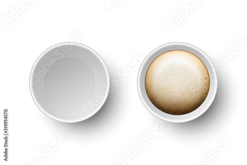 Vector 3d Realistic Disposable Opened Paper, Plastic Coffee, Tea Cup for Drinks Icon Set Closeup Isolated on White Background. Design Template, Mockup. Top View