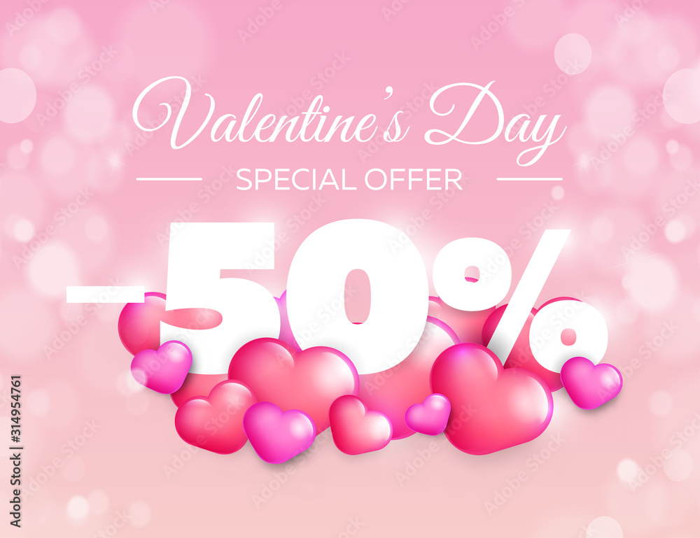 Valentine day special offer banner. Vector sale badge design. Lovely red and pink hearts on color background. 50% off discount.