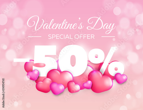 Valentine day special offer banner. Vector sale badge design. Lovely red and pink hearts on color background. 50% off discount.