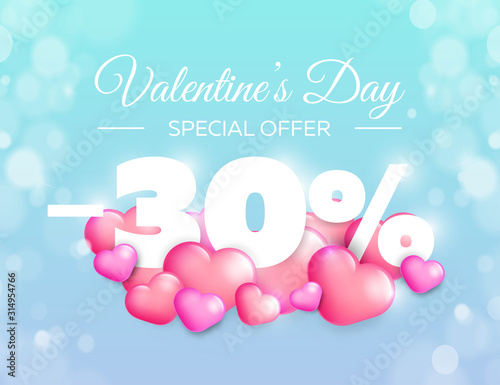 Valentine day special offer banner. Vector sale badge design. Lovely red and pink hearts on color background. 30% off discount.