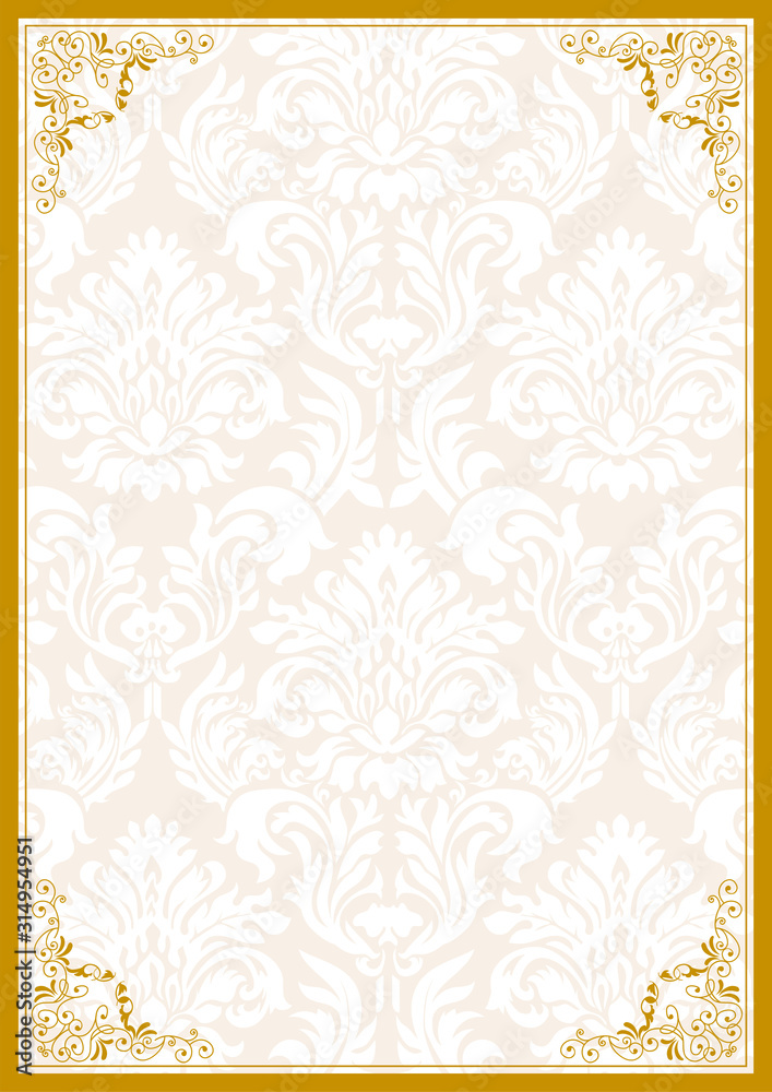 ダマスク柄背景とアンティークのフレームのテンプレート フォーマット サイズ イエロー系 Frame And Damask Pattern Background Template Stock Vector Adobe Stock